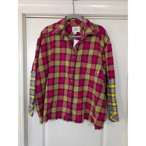 BDG Urban Outfitters Pink Combo Plaid Flannel‎ Shirt Distressed Fringe Small NWT